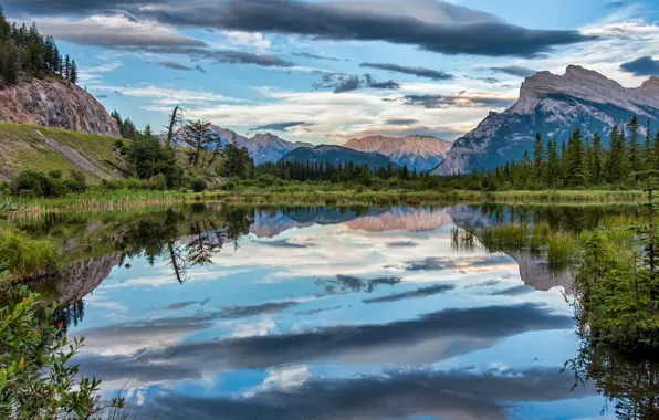 Clouds, landscape, mountains, nature, lake, reflection, vegetation, Canada