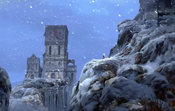 Sword, fantasy, winter, mountains, rocks, snow, castle, digital art