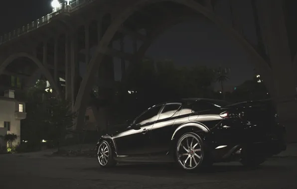 Bridge, Night, Street, Mazda, Black, Mazda, Black, RX-8