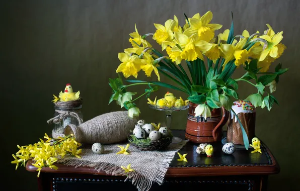 Flowers, holiday, toys, chickens, Easter, mug, still life, table