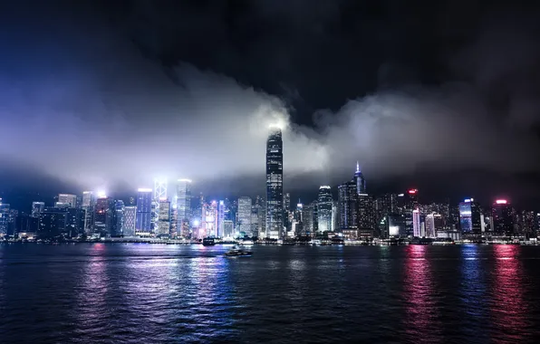 Photography, sea, water, night, city lights, skyscraper, clouds, Hong Kong