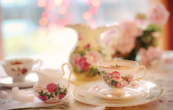 Picture table, Cup, dishes, sugar, pitcher, bokeh, swipe, the milkman