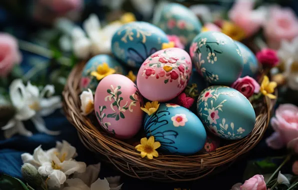 Flowers, holiday, bright, eggs, spring, blue, Easter, socket