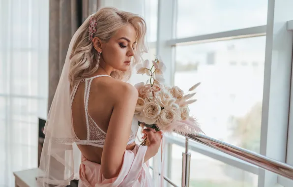 Girl, flowers, pose, roses, bouquet, window, blonde, the bride