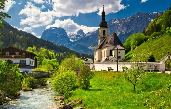 Trees, mountains, bridge, house, river, Germany, Bayern, Church