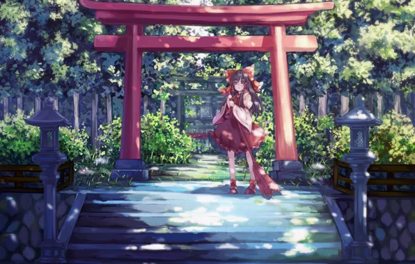 Foliage, fence, lights, ladder, temple, broom, bow, priestess