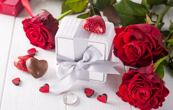 Picture flowers, red, gift, roses, bouquet, hearts, red, love