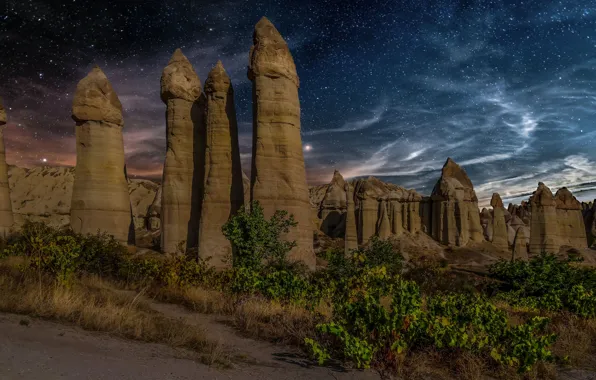 Picture the sky, landscape, night, nature, rocks, stars, Turkey, Cappadocia