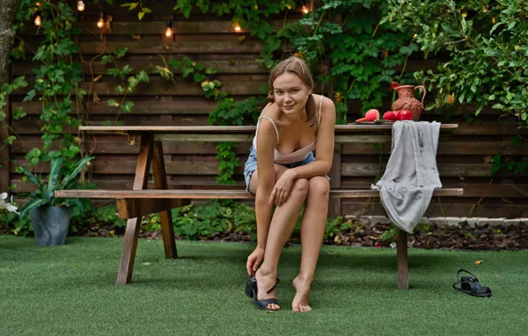 Apple, relax, grass, happy, cleavage, shorts, legs, smile