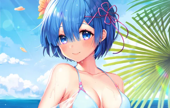 Girl, sexy, wet, cleavage, sky, sea, boobs, anime
