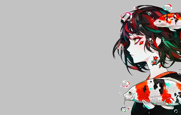 Fish, bubbles, anime, bubbles, carp, manga, light background, beautiful girl