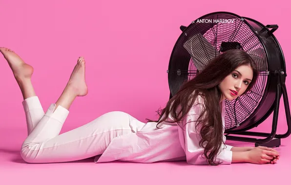 Picture look, girl, pose, feet, fan, pink background, long hair, pants
