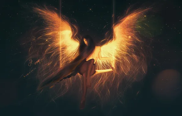 Chest, look, girl, swing, fire, hair, wings, art