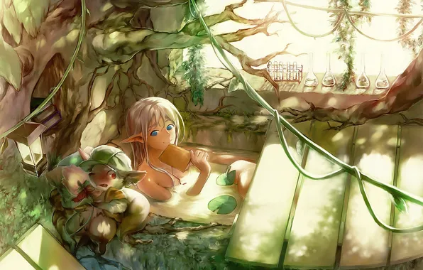 Picture girl, tree, anime, art, bath, book, beast, ears