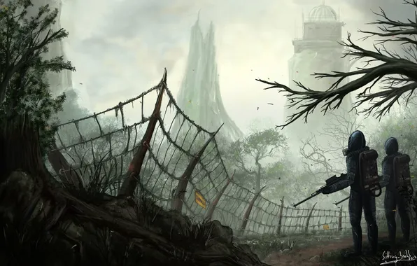 Weapons, rocks, danger, the fence, people, art, gas mask