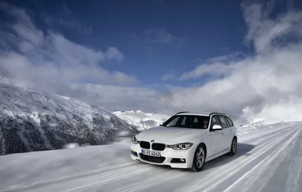 Winter, White, Snow, BMW, The hood, Car, The front, 320d