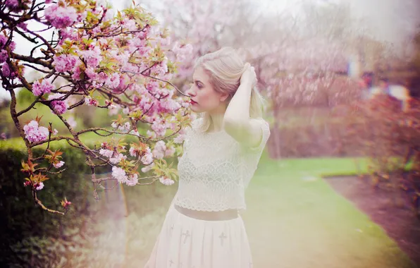 Girl, flowers, branches, pose, blonde, profile
