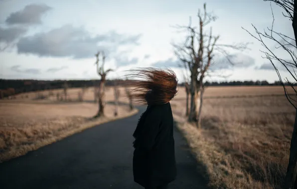 Picture road, girl, the wind, hair