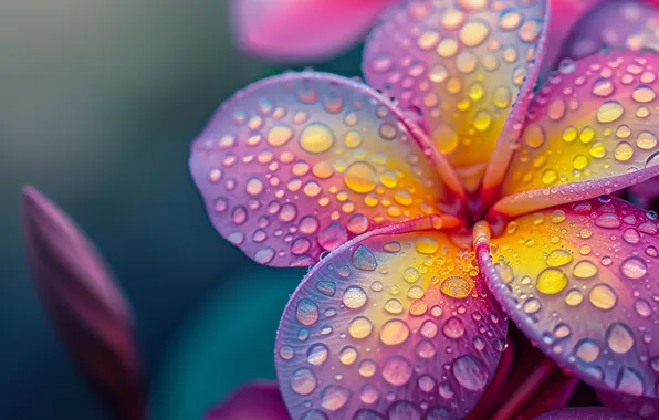 Flower, drops, macro, yellow, lilac, petals, bokeh, plumeria