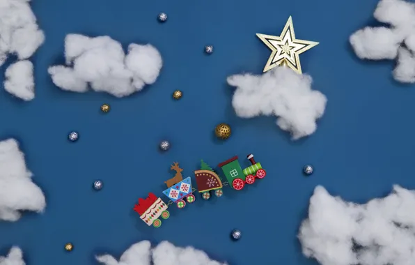 The sky, clouds, balls, flight, toy, star, deer, Christmas
