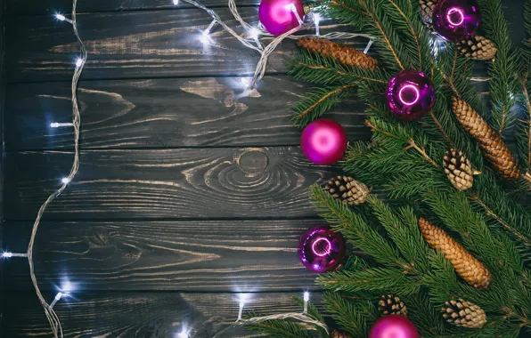 Picture garland, holiday, bumps, fir-tree branches, balls, decor, toy, new year