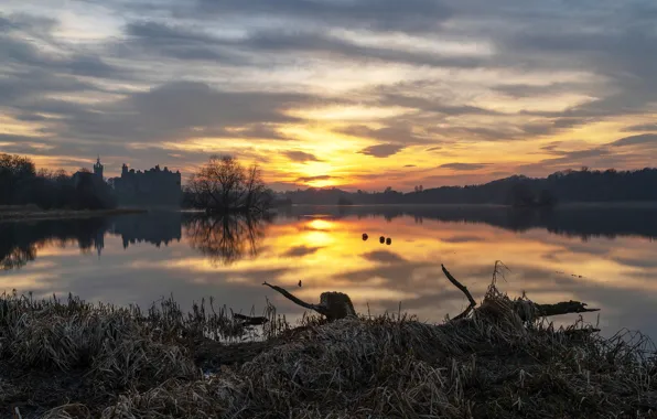 Grass, clouds, sunset, fog, lake, reflection, castle, shore