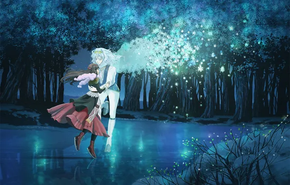 Ice, forest, girl, trees, snowflakes, nature, lake, fireflies