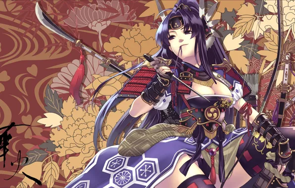Picture chest, girl, smile, weapons, armor, samurai, art, hirano katsuyuki