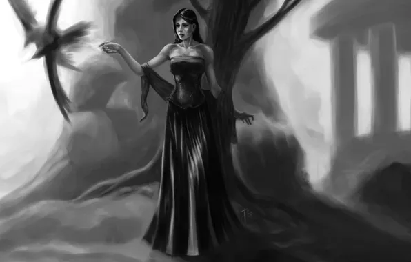 Girl, fiction, tree, bird, dress, black, art, painting