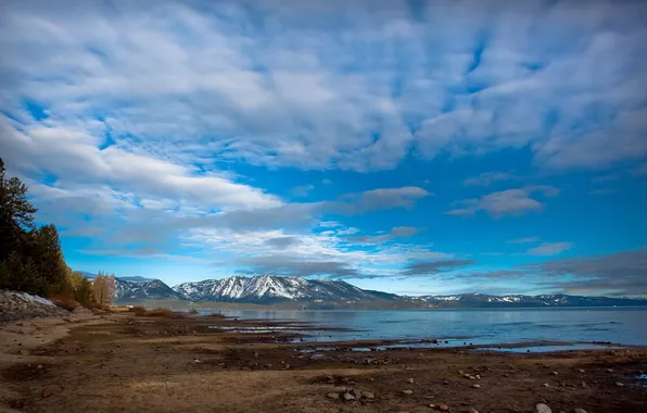 Sea, the sky, clouds, snow, landscape, mountains, nature, stones