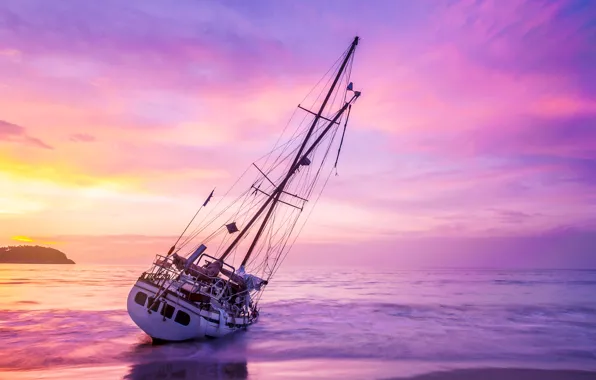 Picture sand, sea, wave, beach, summer, the sky, sunset, boat