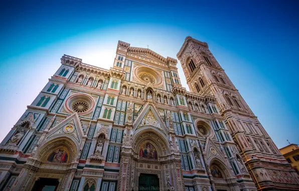 Picture the sky, Italy, Florence, facade, Duomo, Giotto's bell tower, the Cathedral of Santa Maria del …