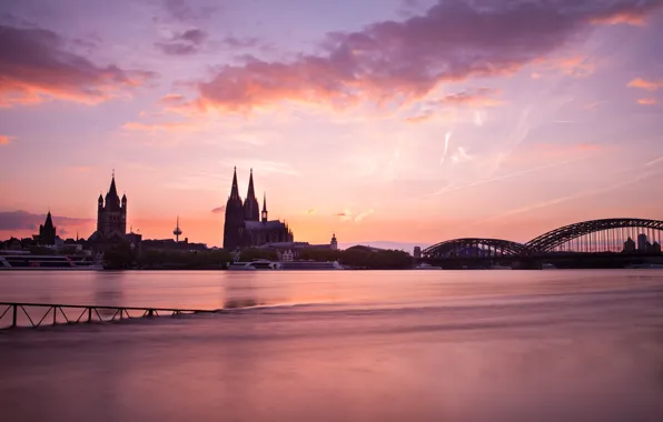 Bridge, river, morning, Germany, temple, architecture, Cologne