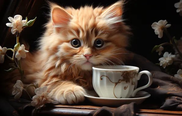 Cat, look, light, flowers, pose, the dark background, kitty, table