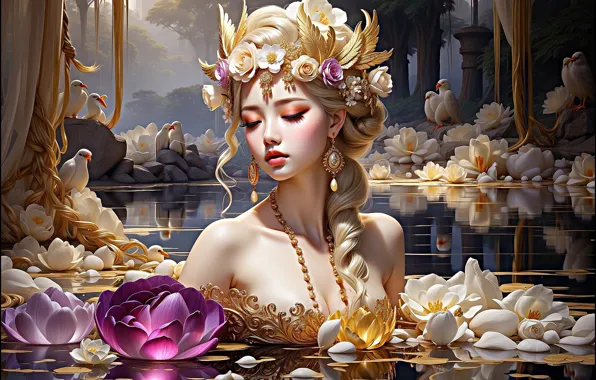 Look, girl, pose, bathing, fantasy, Princess, AI art, neural network