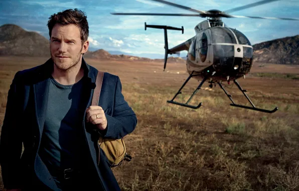 Field, landscape, helicopter, actor, backpack, coat, Vanity Fair, Chris Pratt