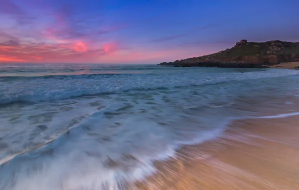 Sand, sea, wave, beach, the sky, clouds, blue, rocks