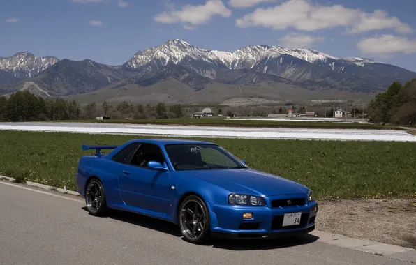 Picture nissan, skyline, blue, gtr, mountains, V-Spec