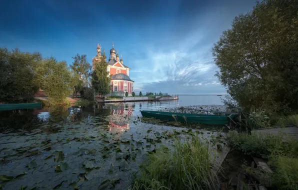 Picture summer, grass, trees, landscape, river, boat, morning, Church