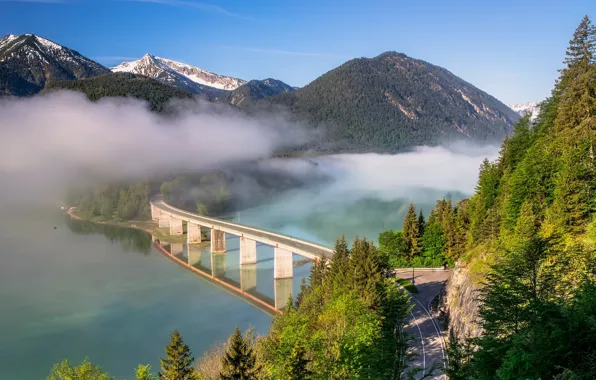 Road, forest, trees, mountains, bridge, fog, lake, Germany