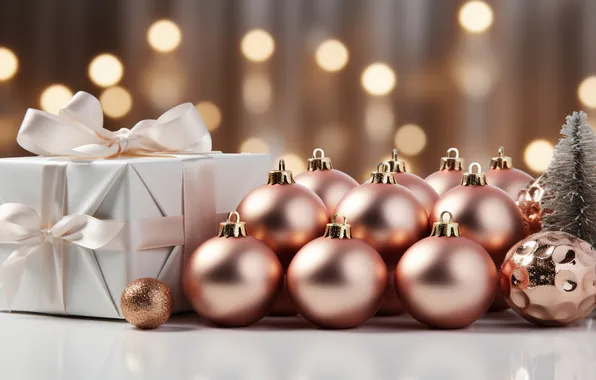 Picture decoration, balls, tree, Christmas, gifts, New year, golden, Christmas