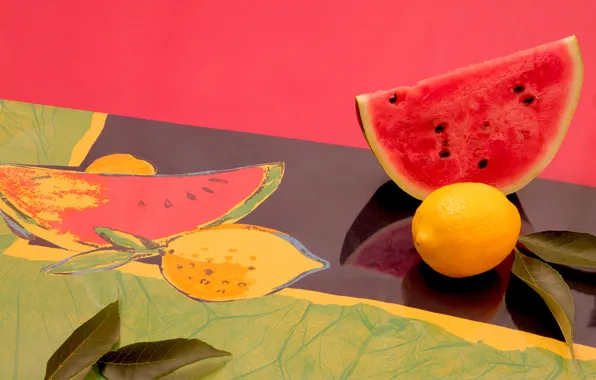 Leaves, table, lemon, watermelon, piece, career background