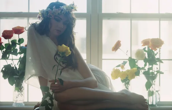 Girl, roses, window