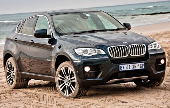 Picture blue, BMW, jeep, BMW, the front, Икс6, horizon littered, beach.sand