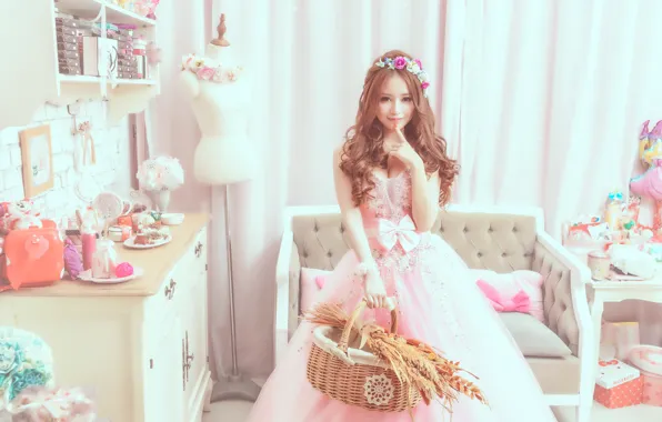 Picture style, room, Girl, dress, Asian