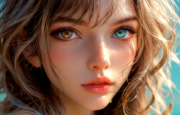 Girl, water drops, face, blonde, digital art, artwork, closeup, heterochromia
