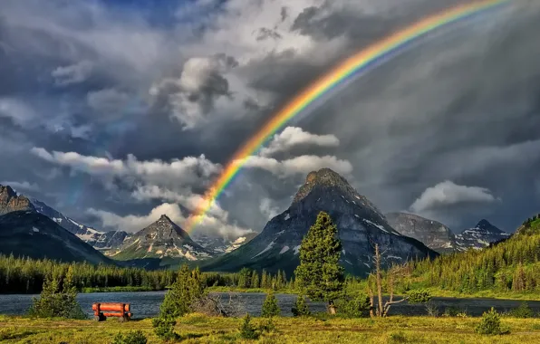 Forest, the sky, mountains, river, rainbow, shop