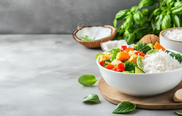 Greens, food, bowl, grey background, vegetables, tomatoes, salad, Basil