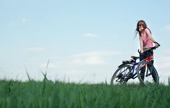 Picture field, the sky, girl, joy, bike
