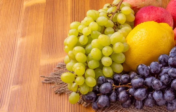 Drops, blue, green, table, lemon, apples, Board, grapes